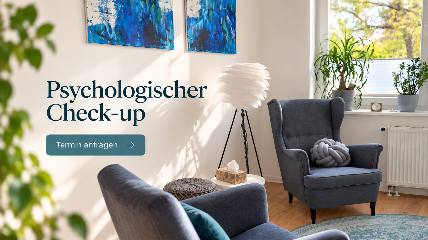 Bild meiner Praxis mit dem Text "Psychologischer Check-up"